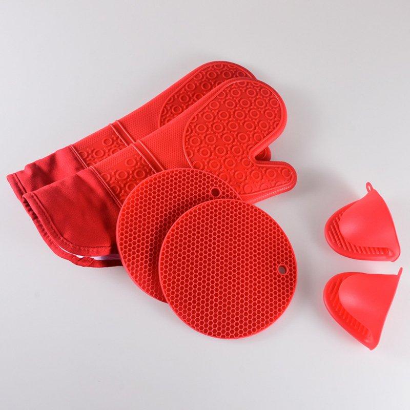 Wholesale 6pcs Kitchen Silicone Oven Mittens Set Heat Resistant Anti-scalding Mini Oven Gloves With Hot Pads Pot Holders all red  |   Kitchen & Dining Home Garden & Tools Kitchen & Dining