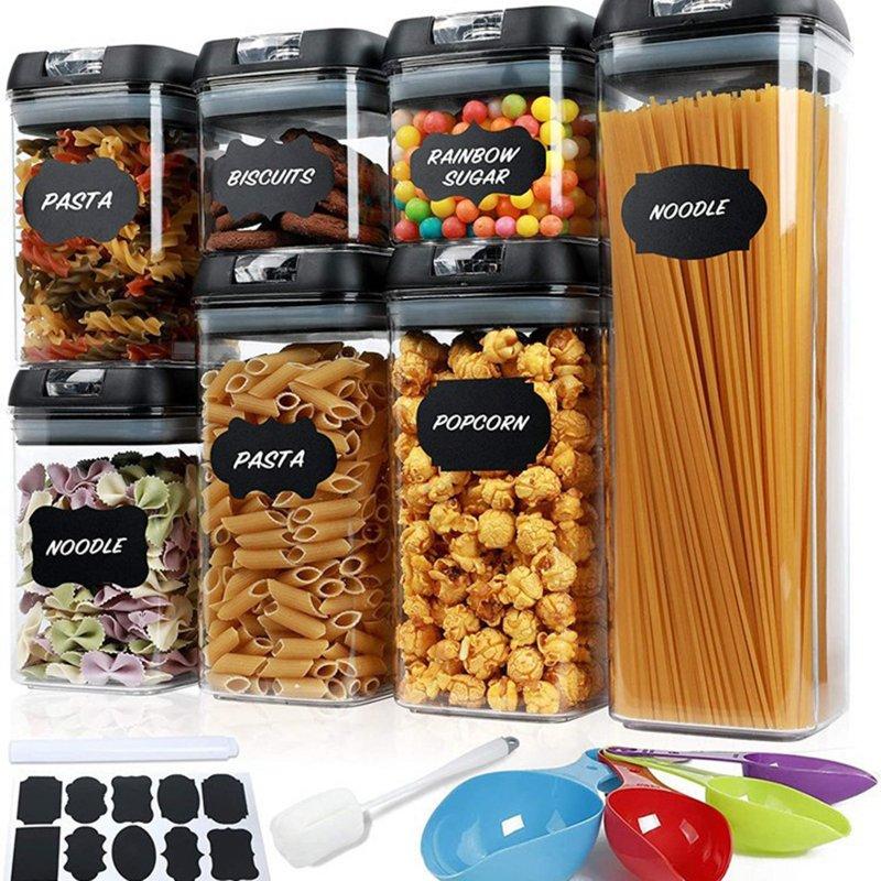 Wholesale 7 Piece Food Storage Container Set With Marking Pen Sticker Measuring Spoon Durable And Impact Resistant Airtight Clear Canisters For Kitchen Pantry black cover with clear buckle  |   Household Products Home Garden & Tools Household Products